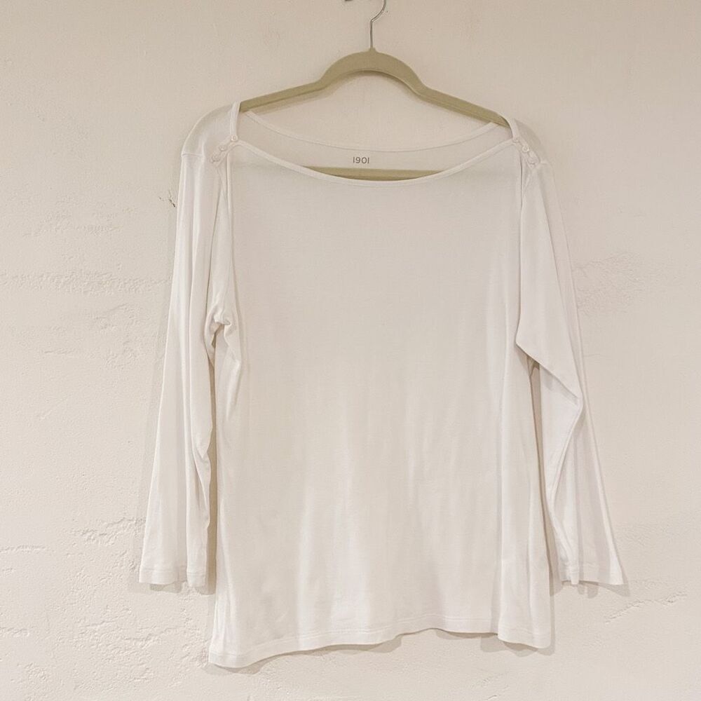 1901 Nordstrom Boat Neck Button Long Sleeve Top in White Large